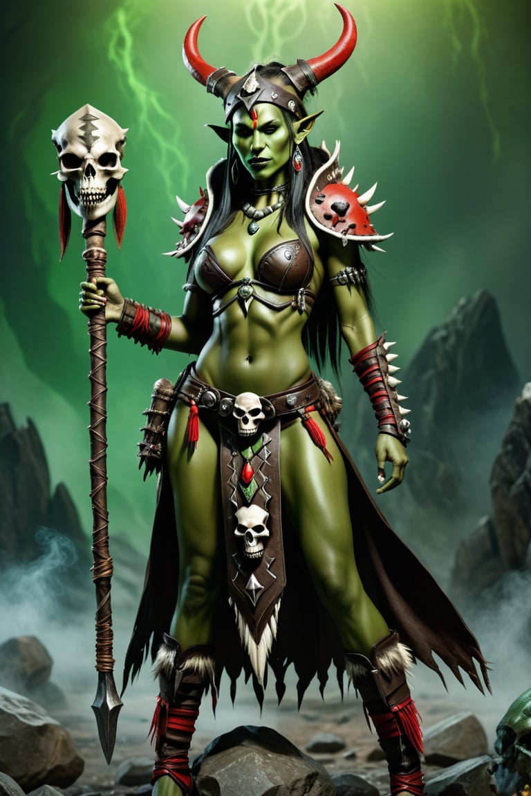  female shaman orc (((green skin))) dressed in a sexy leather outfit, sexy posing, shaman orc, green skin, tribal staff with animal skull skeleton and red crystal, animal skull in sholder, tabard, hood, creep, background from worl of war craft,