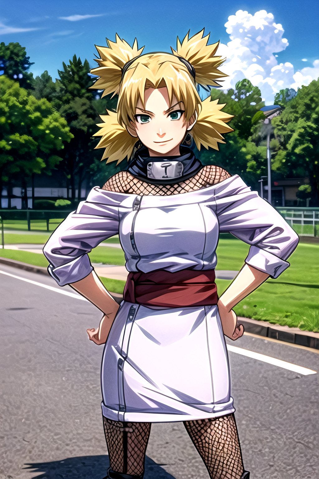 masterpiece, best quality, 1girl, ytemari, blonde hair,quad tails, dark green eyes, purple garment, sash, fishnets,  toeless footwear, looking at viewer, solo, hands on hips, standing, contrapposto, blue sky, cloud, hidden village, A sweet face and a smile