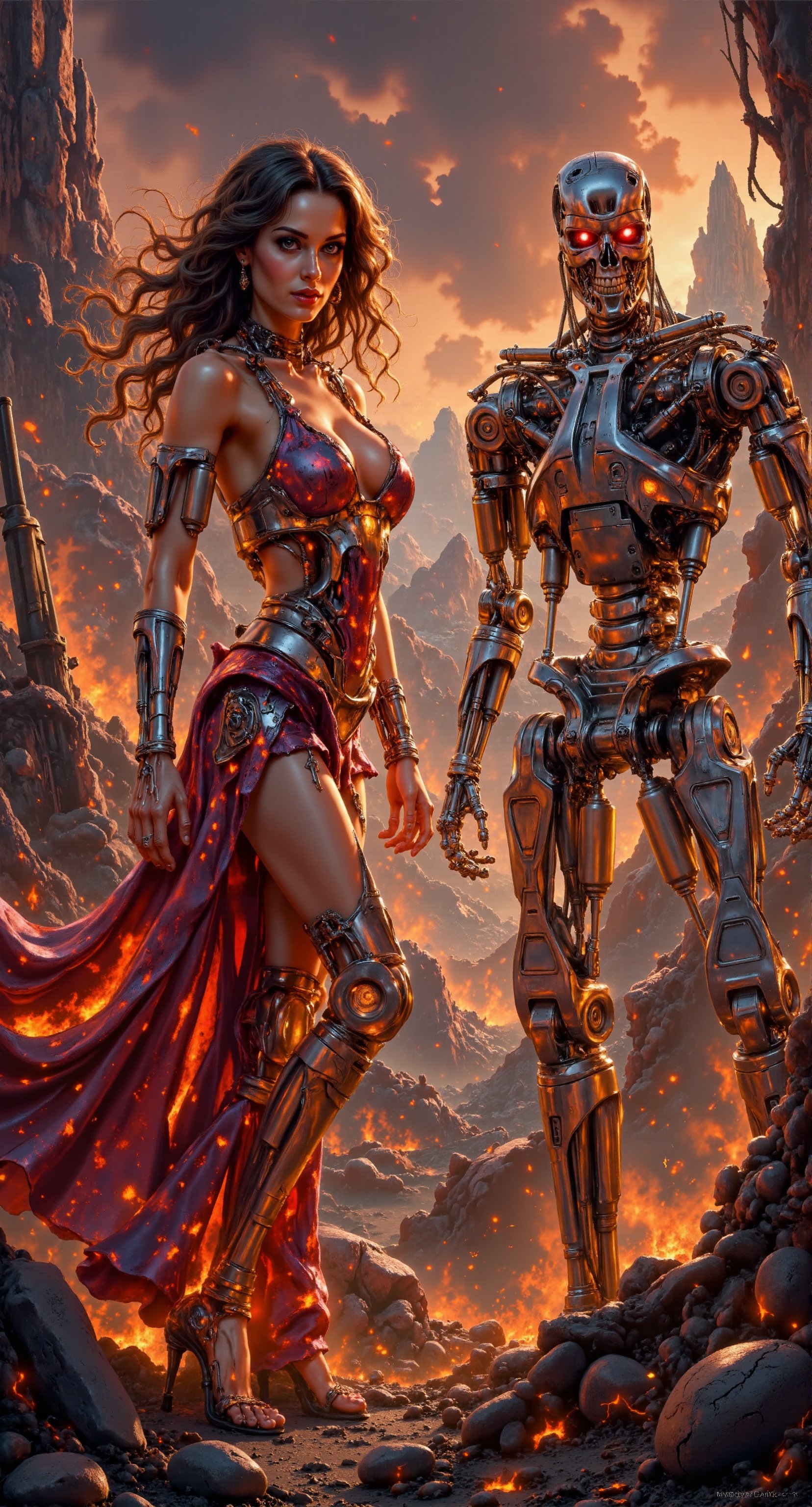 Two main characters: First character warrior-mage stands confidently at the edge of a volcanic exterior's rugged terrain,...