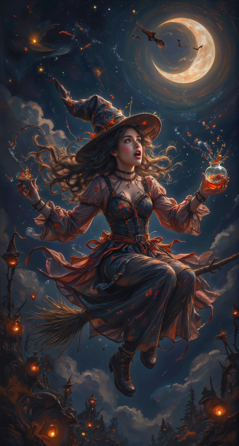 A bewitching Halloween scene: A beautiful woman, witch with wild, curly hair and mismatched attire soars above the crescent moon on her trusty broom, spilling potion ingredients in all directions as she exclaims in shock. The dark, starry sky behind her is aglow with distant, glowing witch hats, while swirling clouds add to the whimsical atmosphere.