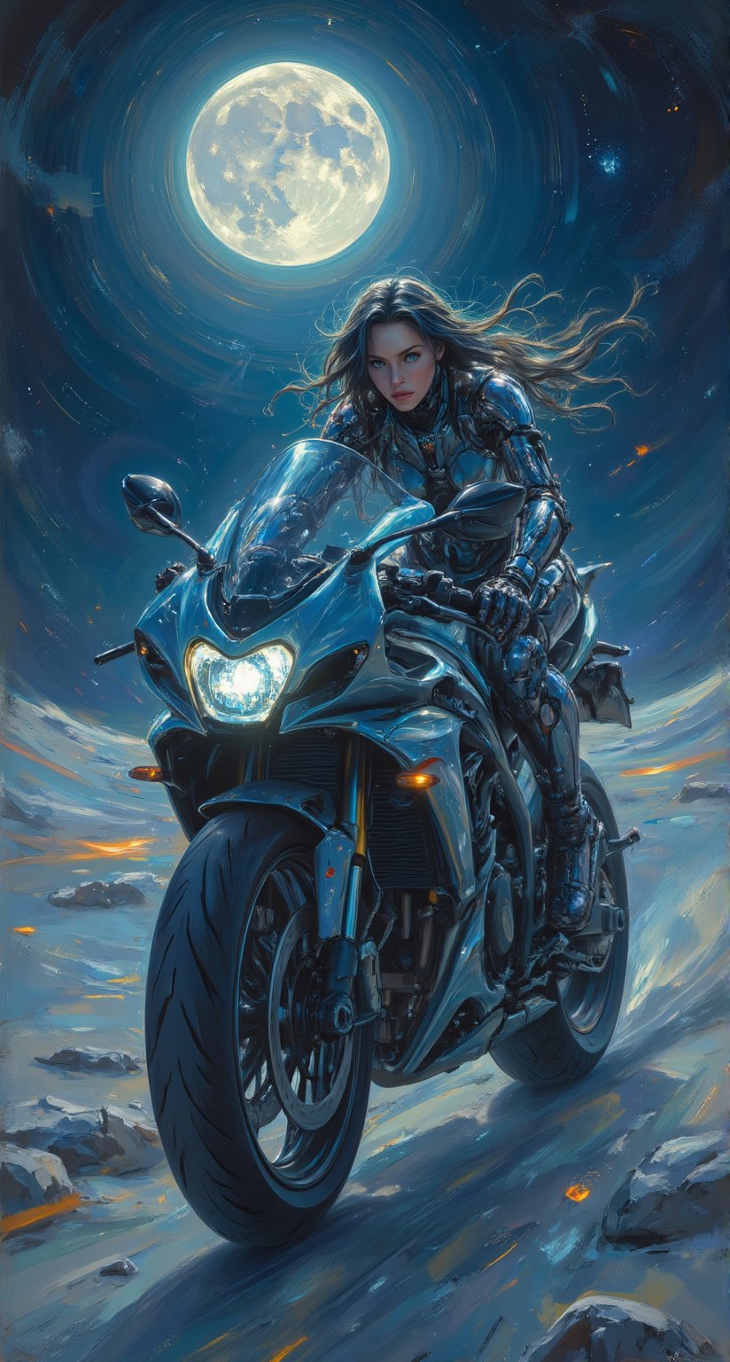 Moonlit Highway: A Cybernetic Witch's Moonbound Ride - A captivating oil painting depicting a cybernetic witch perched atop her sleek, futuristic motorcycle as it glides effortlessly across the lunar surface. Soft, ethereal lighting emanates from the moon itself, casting an otherworldly glow on the witch's metallic skin and the bike's curved lines. In ZloyOrk style, bold brushstrokes bring forth a sense of kinetic energy, as if the very darkness of space is propelling her forward.