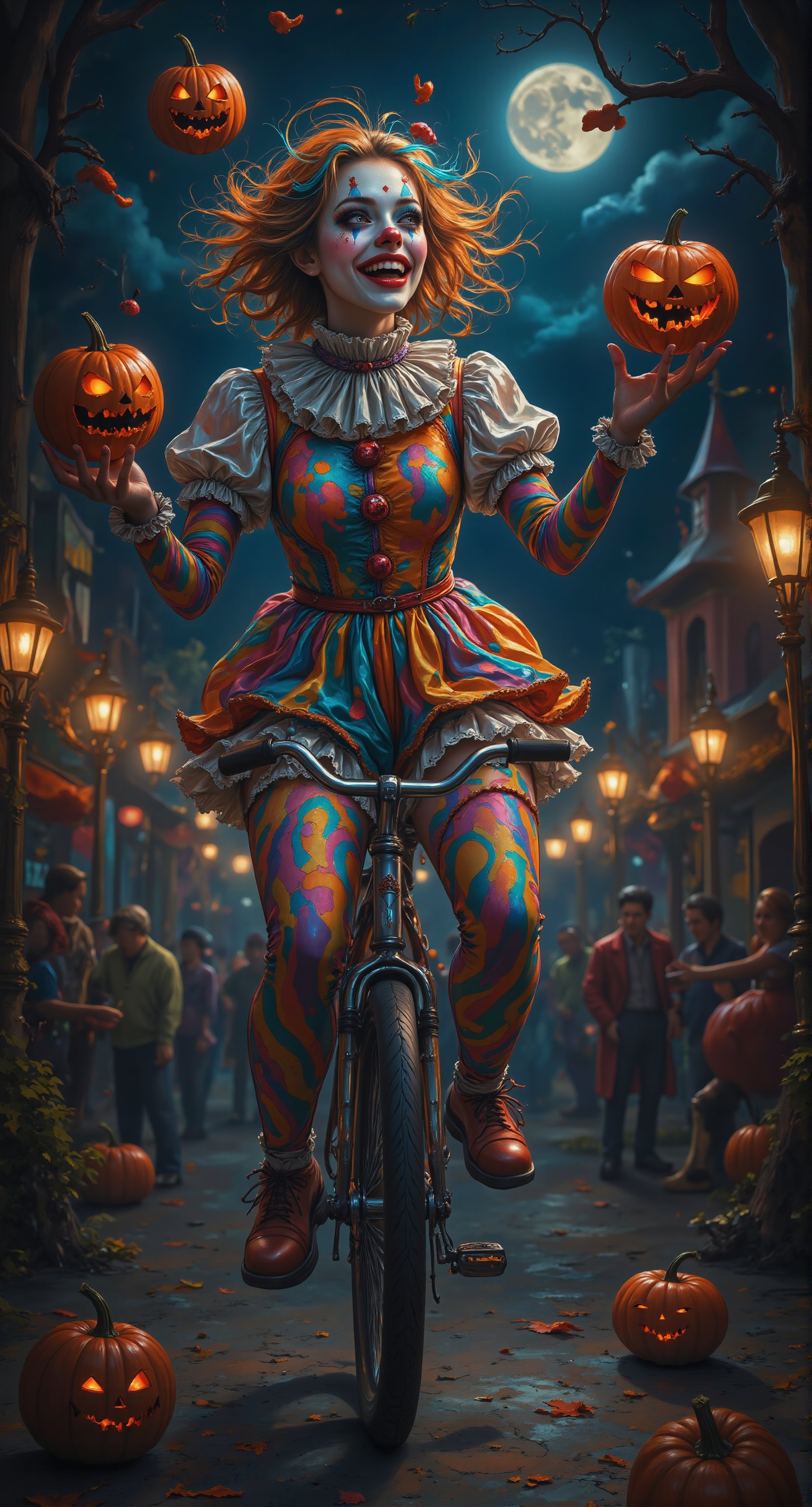 Creepy Clown: A beautiful female clown with an exaggeratedly painted face, bright rainbow-colored hair, and a whimsical costume. She juggles oddly shaped pumpkins while standing on a unicycle. The background shows a carnival scene at night, with a funhouse in the distance and eerie laughter echoing.