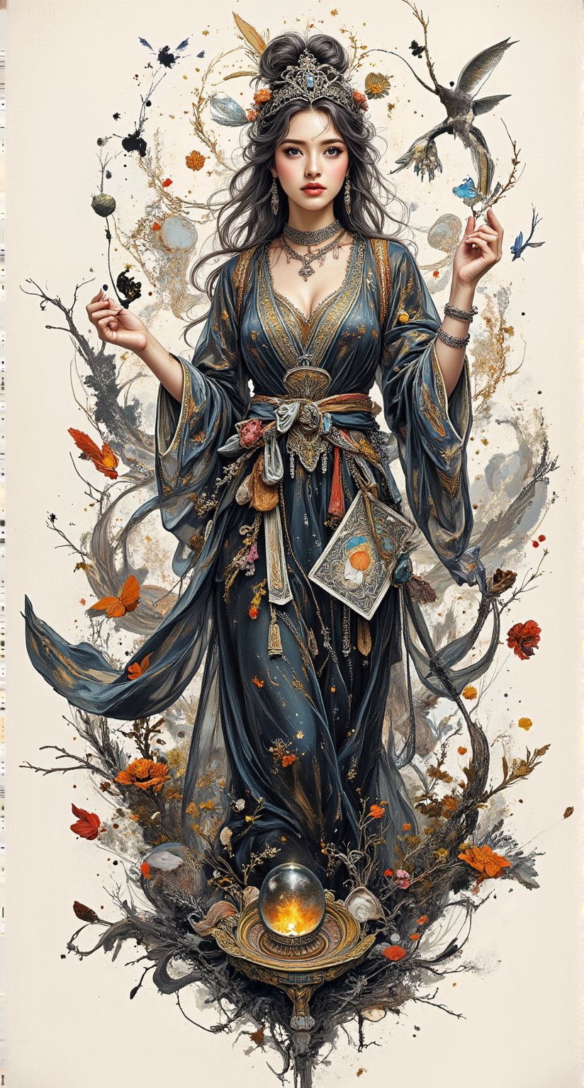Create an intricate illustration of a beautiful and passionate female divination character,  capturing her essence in the...