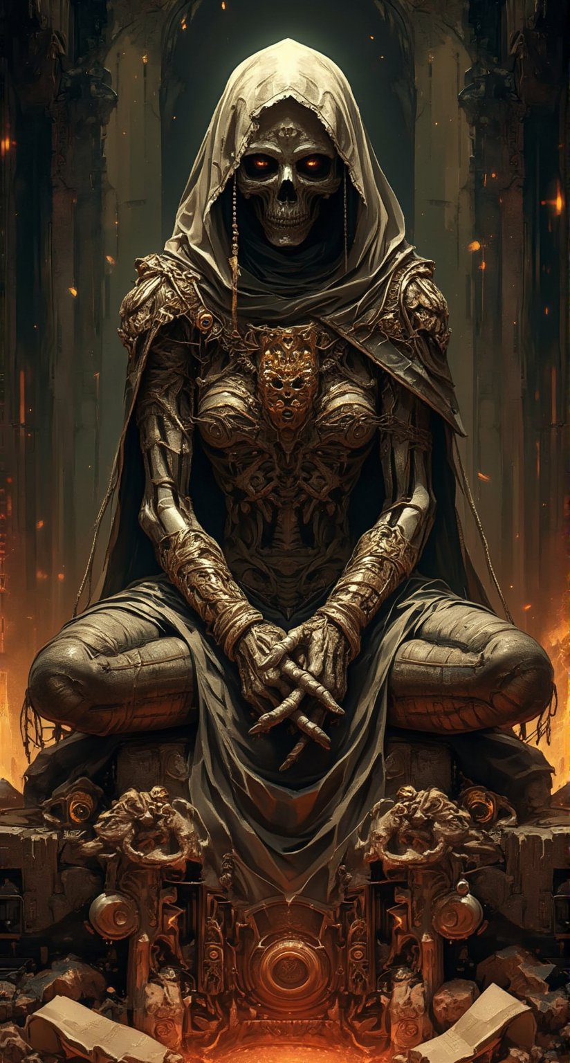 Stunning oil painting illustration. A hauntingly beautiful scene unfolds: a majestic female mummy sits regally on an ancient stone pedestal, wrapped in tattered linen, her weathered face aglow with mystique beneath a veil of darkness. Detailed mystery eyes. Framed by the pedestal's rugged edges, she is flanked by treasures scattered across the background, including glinting golden artifacts and sparkling precious jewels that seem to hold secrets of forgotten lore. Scrolls unspool tales of ancient mysteries, their worn parchment stretching like skeletal fingers towards the mummy. Moody lighting casts long shadows, weaving an aura of mystery around this regal mummy as if the darkness itself has come to pay homage.