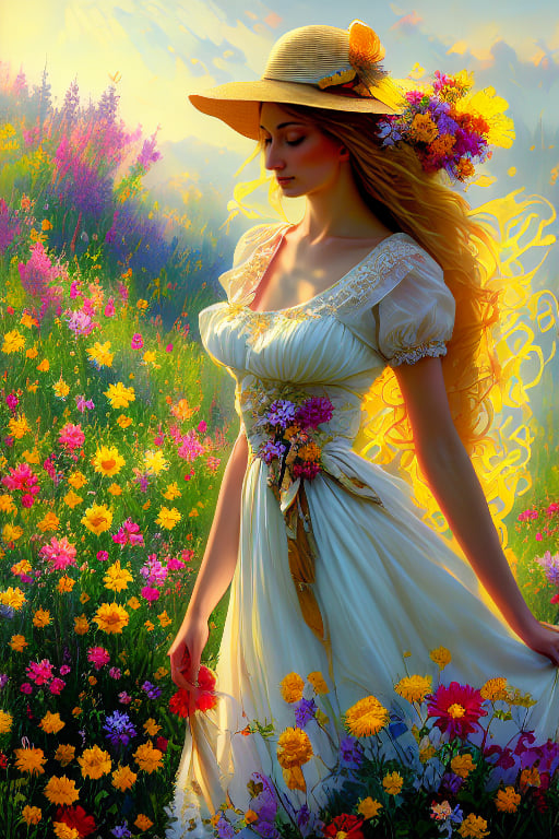 Soft focus captures a serene wildflower meadow as a stunning woman stands tall in the midst of blooming beauty. Her golden locks cascade down her back, tied with a summer hat adorned with a jaunty ribbon. She gazes wistfully into the distance, lost in thought as the warm sunlight casts a gentle glow on her porcelain skin and wildflower-adorned hair. The composition frames her from head to toe, emphasizing her statuesque pose amidst the vibrant flora.