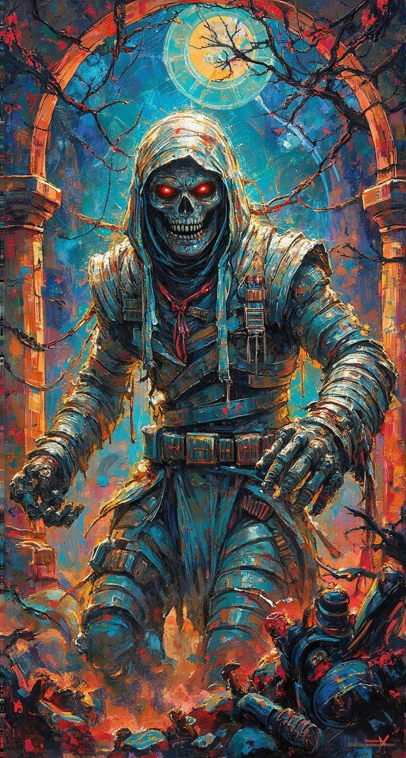 Stunning oil painting illustration. (by ZloyOrk), An evil mummy stalking, angry, 1980s theme and color pallete, retro futuristic, ancient Egypt background.