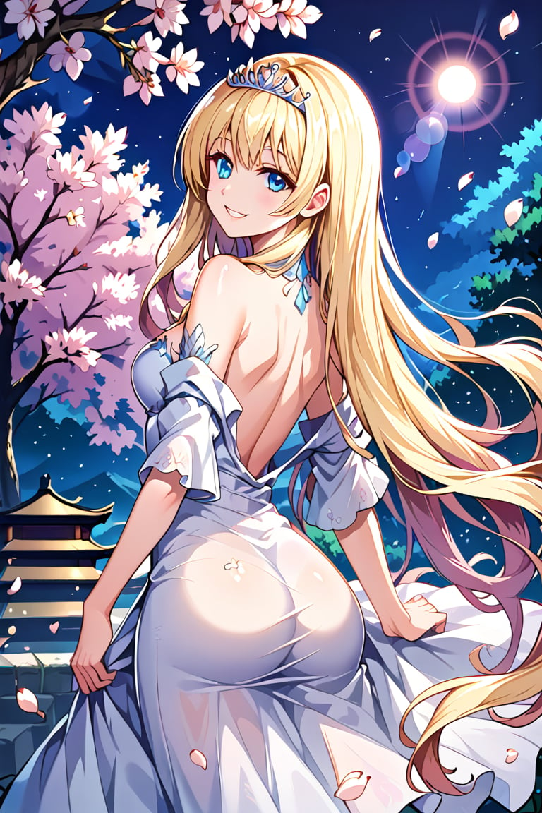 cherry blossoms, night, smile, 
off-shoulder, neck, back style, 
(colorful:1.2), (fractal art), (zentangle:1.2), highest_detailed, 
glow light, lens flare, iridescent light, light particles, 1girl, solo, Calca, Calca Bessarez, blonde hair, (extremely long hair:1.5), very long hair, white tiara, white dress, blue eyes, medium chest