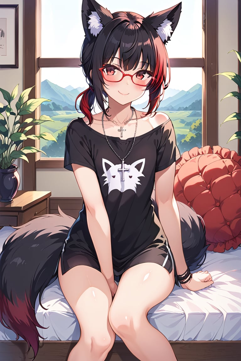 1girl Tekeli,//, black fox ears, animal ear fluff, black fox tail, black hair, red inner hair, short ponytail, sidelocks, red eyes, collarbones, small chest,//, fashion, red glasses,cross necklace, black shirt, fox pattern,//, blush, smile, looking at viewer,//, adjusting hair, focus on necklace, detailed necklace,//, indoors, scenery, emo