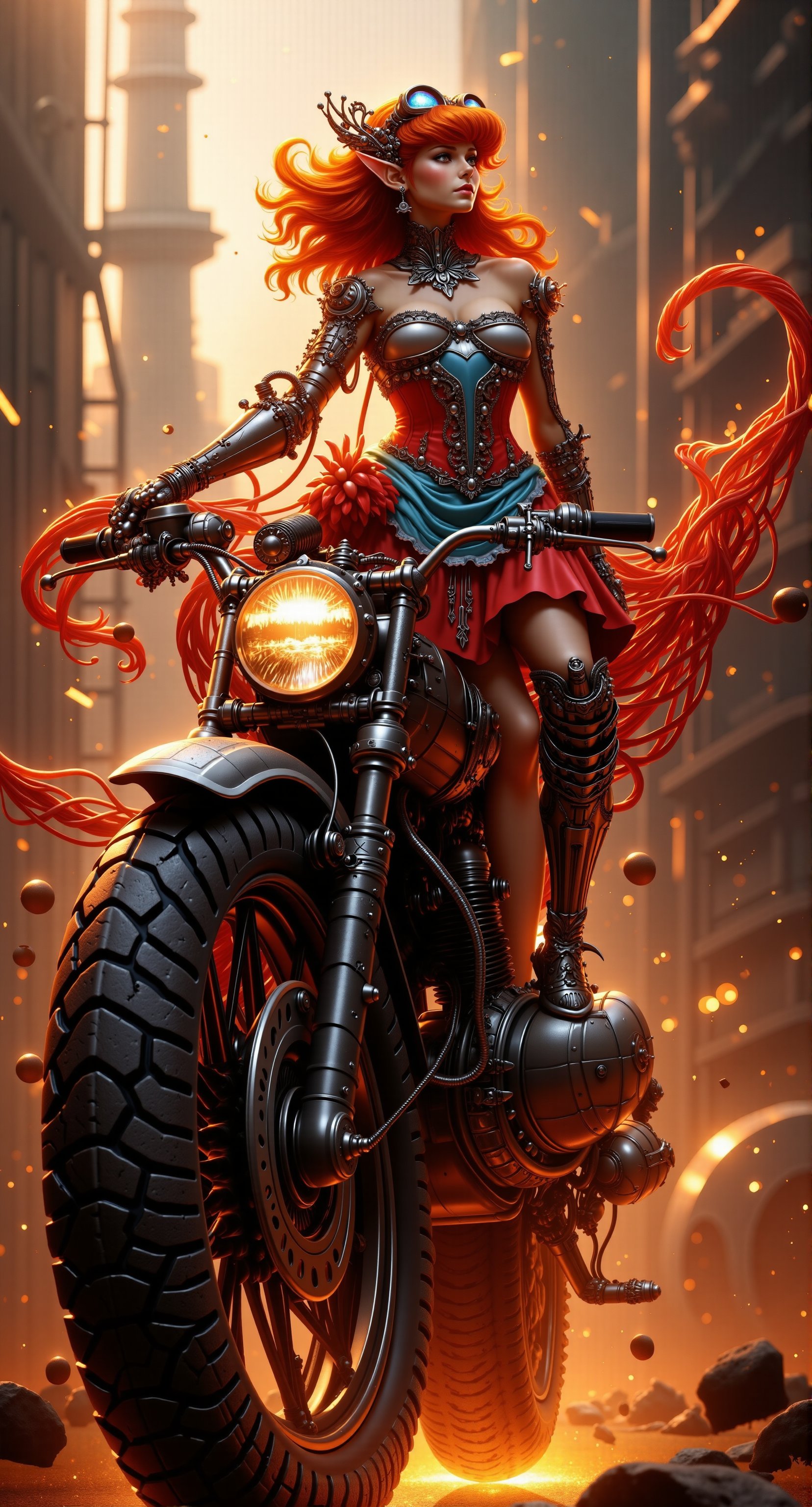 Masterpiece, professional, award-winning, intricate details, ultra high detailed, 64k, volumetric light, dynamic lighting, Movie Aesthetic, action shot. In this breathtaking scene, the Queen of Love stands poised on the edge of her steampunk motorcycle, its intricate mechanical tendrils curling around her like a living vine. The red-haired elf's regal elegance is tempered by her mischievous grin and fiery gaze, as if she's ready to rev up the engine and speed off into the unknown. Against the dystopian cityscape's industrial backdrop, her outfit shines like a beacon of hope - the striking red dress with blue corset and short skirt, adorned with gears, goggles, and metallic details that seem to hum with energy. The warm golden light casts long shadows across the gritty urban landscape, as if the very essence of passion and creativity has been distilled into this unforgettable visual masterpiece. Abstract Lighting Effects