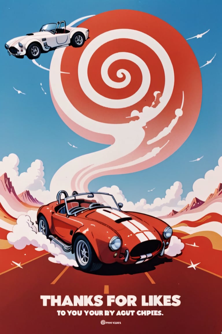 4 words text "THANKS_FOR_10K_LIKES" text. 1 retro car Shelby Cobra (dark red color with white stripes) speeding across a stunning white-to-red and blue gradient background, no humans, where bold vector shapes and swirling clouds swirl together in harmony. The car's sleek design is set against abstract, geometric patterns of circles and arrows in a grunge-inspired style,Text