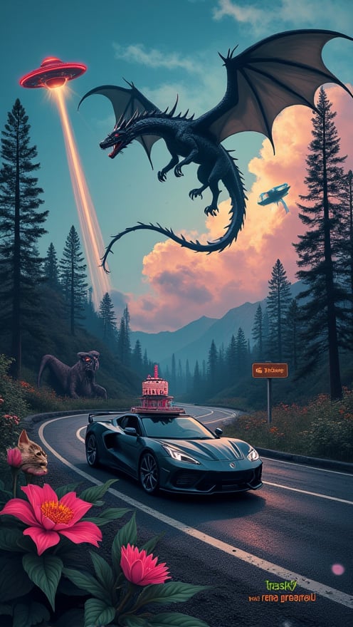 Create an imaginative scene depicting a majestic dragon soaring above a dark landscape. Below, a sleek sports car races through a winding road, with a whimsical cake balanced on the roof. In the sky, a UFO hovers, casting a glowing light on a curious cat that lounges by a vibrant flower. Monster nearly road. Add an element of mystery by incorporating a lurking monster in the shadows, and subtly include a logo in the corner that represents this fantastical blend of nature and adventure,trashv1