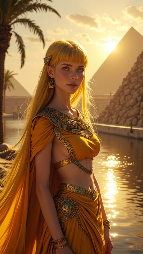 In a breathtakingly beautiful 8K CG illustration, a stunning woman with long, straight yellow hair and piercing yellow eyes emerges from the heart of ancient Egypt's opulent grandeur. Amidst towering ziggurats bathed in cinematic golden light, she stands serene, her fair skin glowing softly. Her delicate features are framed by bangs, with a gentle blush on her cheeks and luscious locks cascading down her back. A passion-filled smile illuminates her attractive appearance as she gazes out at the Euphrates River's shimmering reflection of the sky. Palm trees sway in the warm breeze, their fronds rustling softly. Her sumptuous attire sparkles with intricate patterns and dazzling jewels, drawing attention to her exquisite symmetry and delicate features. Her posture exudes quiet confidence, symbolizing Egypt's enduring beauty and splendor.