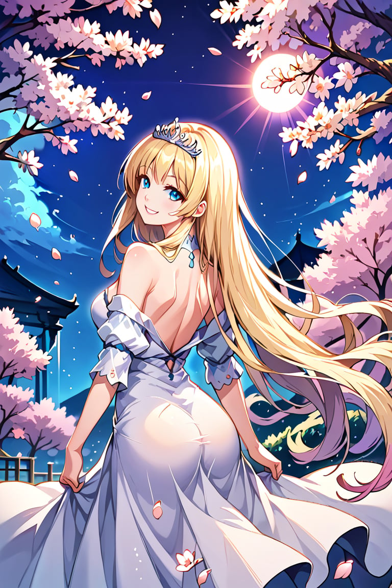 cherry blossoms, night, smile, 
off-shoulder, neck, back style, 
(colorful:1.2), (fractal art), (zentangle:1.2), highest_detailed, 
glow light, lens flare, iridescent light, light particles, 1girl, solo, Calca, Calca Bessarez, blonde hair, (extremely long hair:1.5), very long hair, white tiara, white dress, blue eyes, medium chest