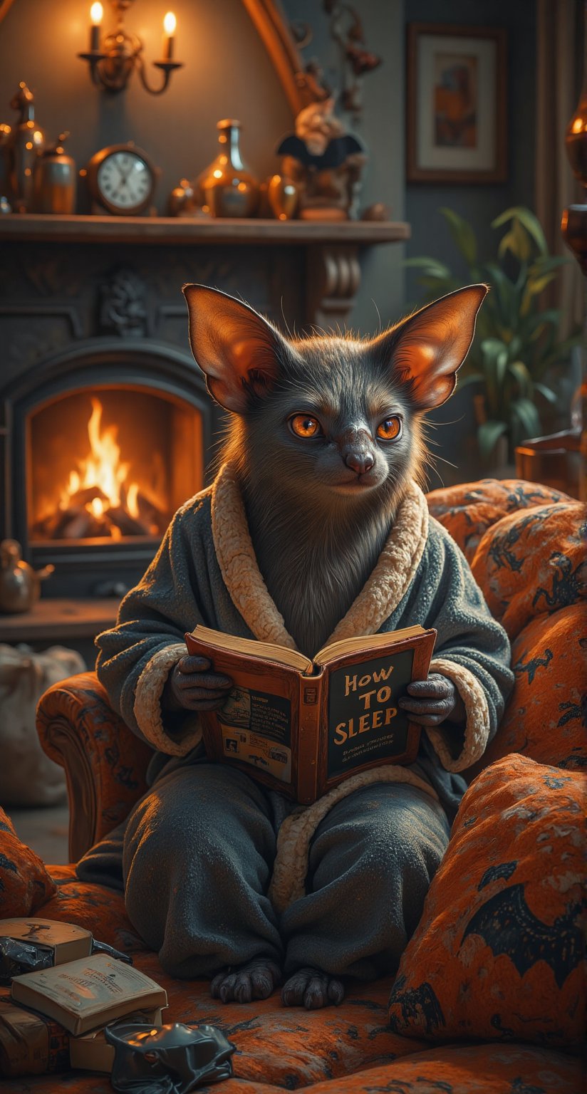 A Bat in a Bathrobe: Depict a bat lounging in a cozy, oversized bathrobe, reading a book titled "HOW to SLEEP" The background features a cluttered living room with bat-themed decor, like bat-shaped cushions and a cozy fireplace.,funny animals