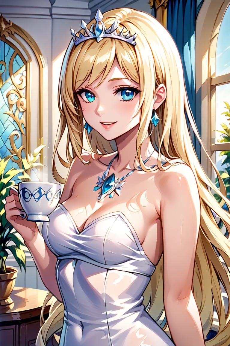 ((masterpiece)), ((best quality)), (ultra-detailed), ((extremely detailed)), 4K, (8K), best quality, (beautiful), watercolor, upper body, colorful, in the room, Western style room, 1girl, solo, , beautiful pale cyan eyes, ((beautiful eyes)), , slim, slender, ribon, cup, black coffee, a sweet face and a smile, 1girl, solo, Calca, Calca Bessarez, blonde hair, extremely long hair, very long hair, white tiara, white dress, light cyan eyes, medium chest