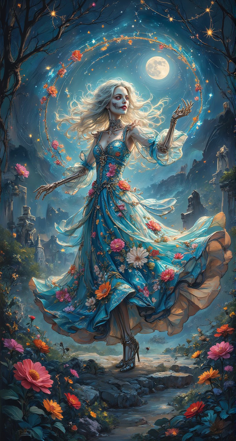  In Moonlit Waltz, a ravishing skeleton lady, resplendent in an ornate gown embroidered with delicate florals, twirls elegantly amidst the ancient tombstones of a misty graveyard, bathed in soft moonbeams. Animated blooms swirl around her like a whirling vortex of colorful magic, against a celestial backdrop where stars and constellations shimmer, framing the enchantress's whimsical dance.,Color,Fantasy Regal Artgem