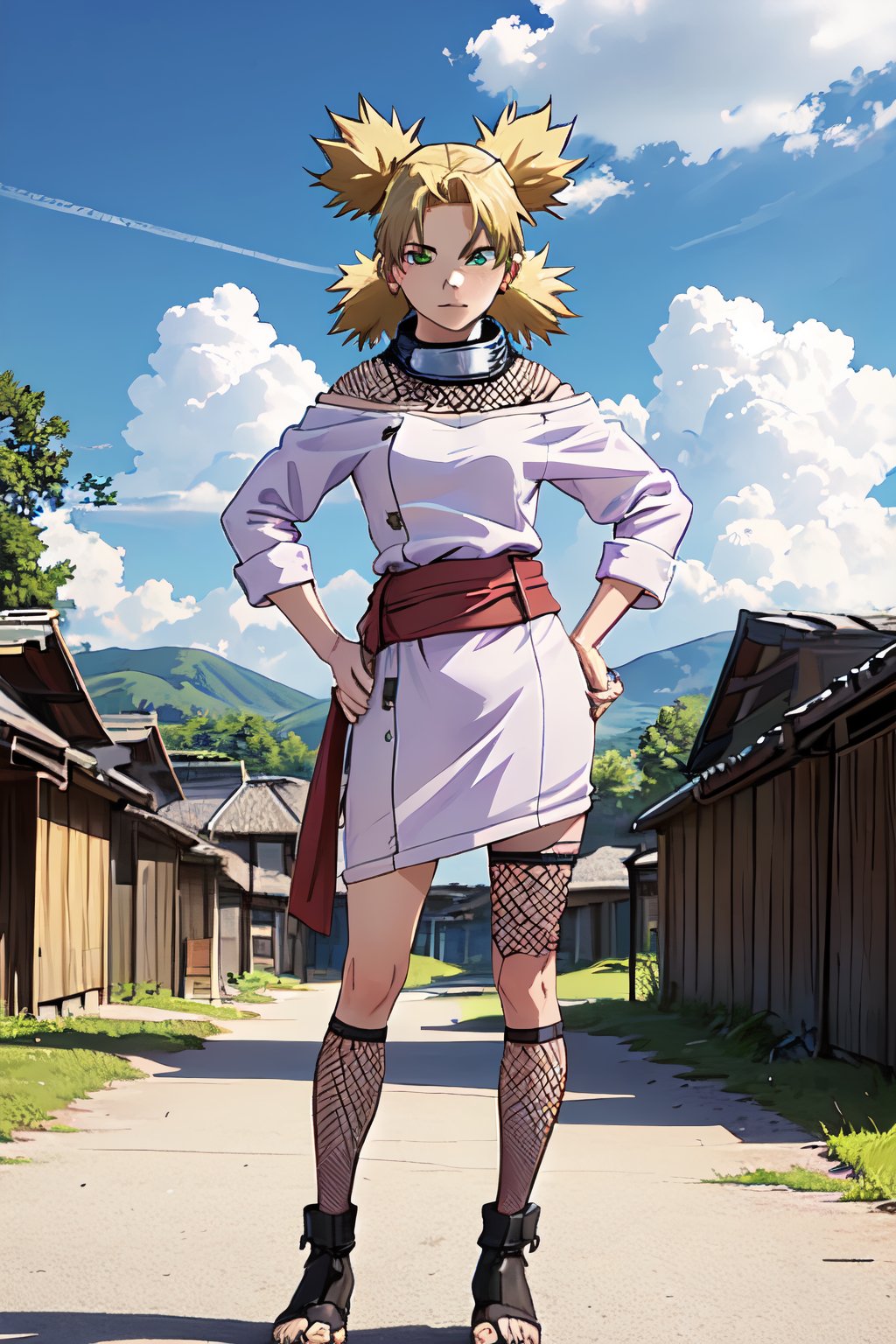 masterpiece, best quality, 1girl, ytemari, blonde hair,quad tails, dark green eyes, purple garment, sash, fishnets,  toeless footwear, looking at viewer, solo, hands on hips, standing, contrapposto, blue sky, cloud, hidden village 