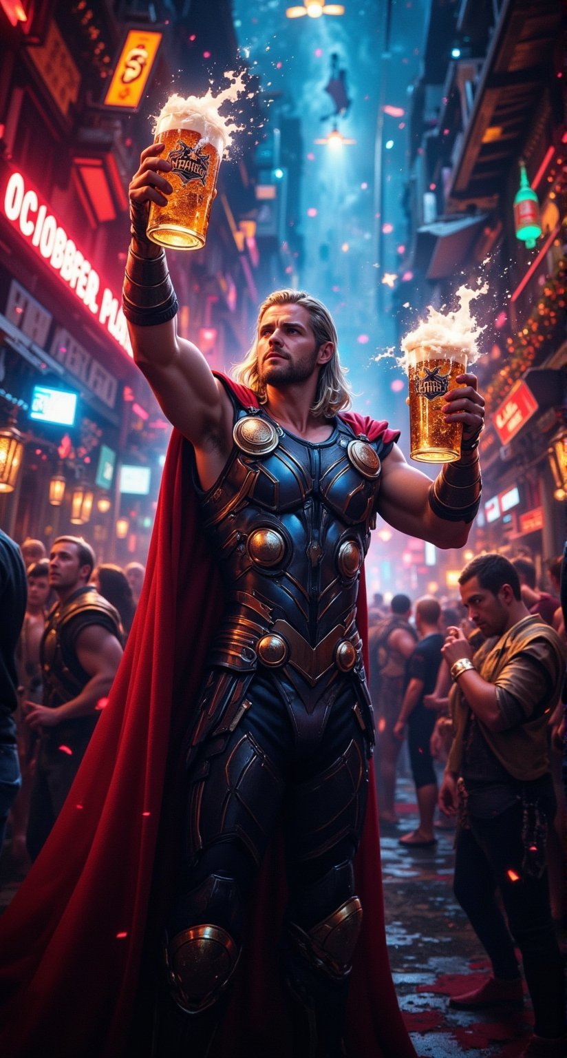 In a dimly lit, neon-lit alleyway of a futuristic Oktoberfest celebration, a mashup of ancient mythology and modern marvels unfolds. Thor, the mighty god-superhero from the Marvel realm, holds aloft a foamy stein adorned with the label OCTOBERFEST 2024 as the vibrant atmosphere of revelry and beer-drinking festivity swirls around him.