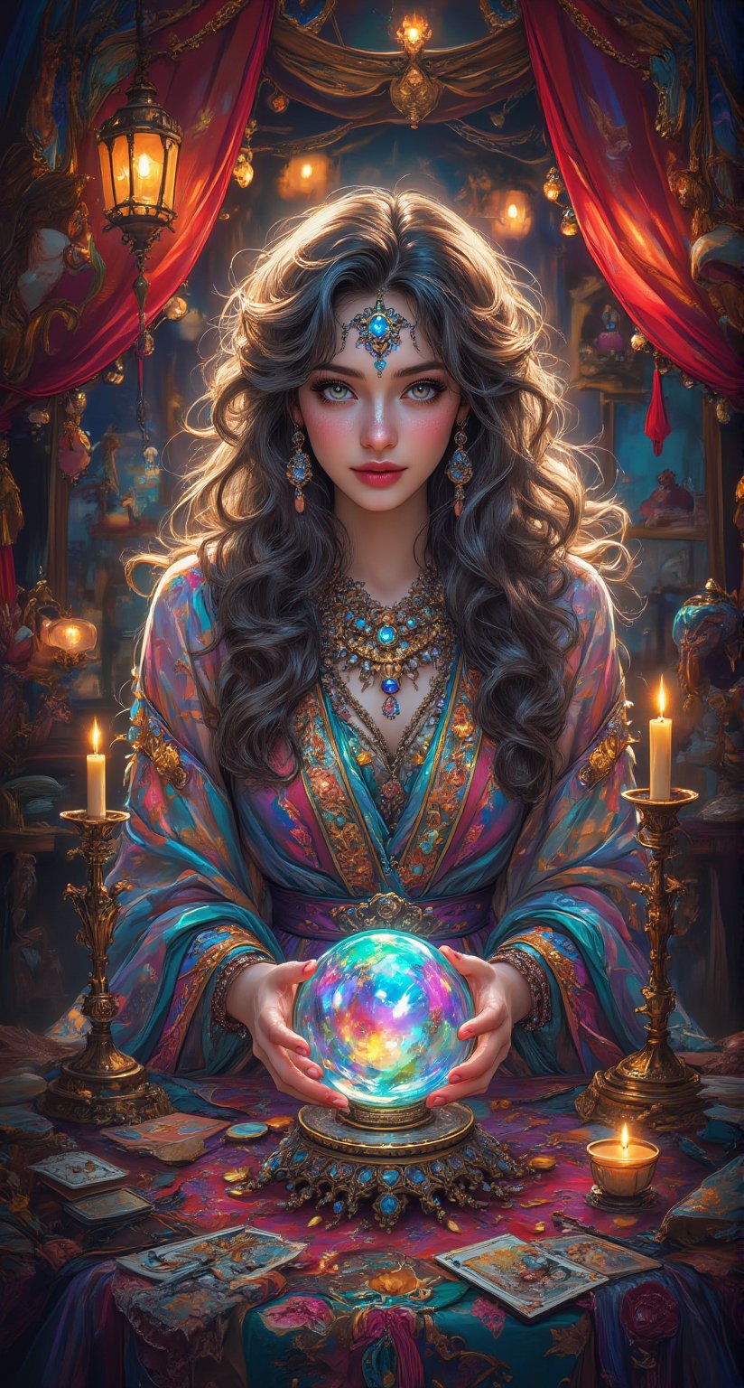 Charming Fortune Teller: A mystical fortune teller with long flowing robes and an array of colorful jewelry gazes into a crystal ball, surrounded by candles and tarot cards. Magical gaze, looking at the viewer. The background reveals a beautifully decorated tent filled with vivid fabrics and hanging lanterns that create a magical ambiance.Holographic rainbow. Color, Regal Fantasy Artgem