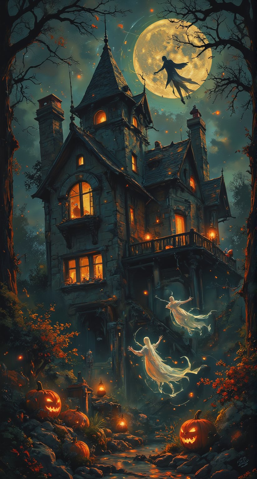 Extreme detailed. Stunning illustration by ZloyOrk. A spooky abode bathed in an unearthly glow, Halloween decor adorns the facade and many pumpkins, a labyrinth of terrors within. Windows aglow like lanterns of the damned, shadows pirouette across crumbling stone walls, as ghostly apparitions frolic under the lunar spotlight, their ethereal forms dancing to an otherworldly waltz amidst the autumnal darkness.