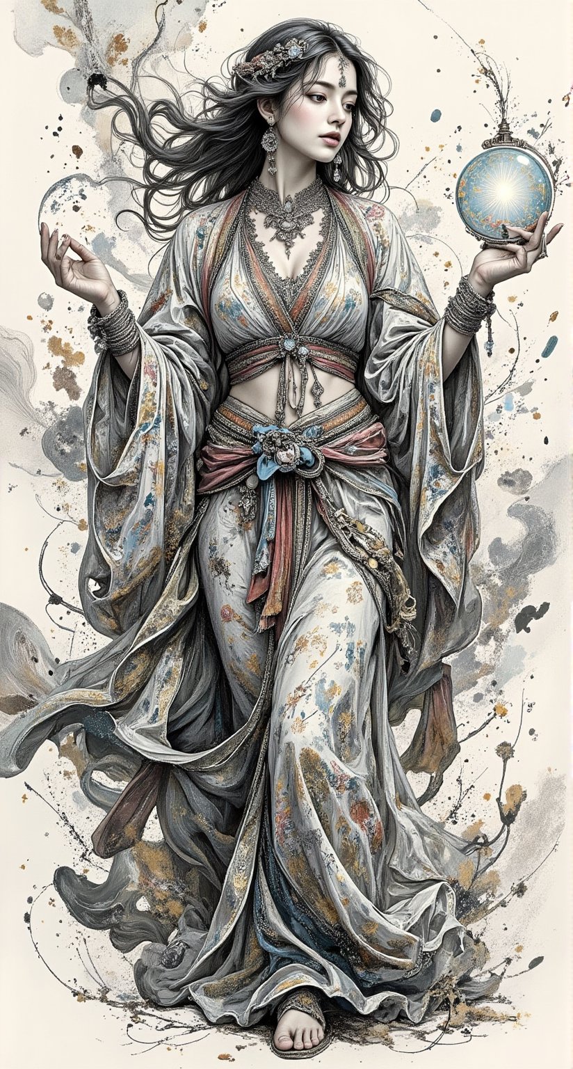 Create an intricate illustration of a beautiful and passionate female divination character,  capturing her essence in the...
