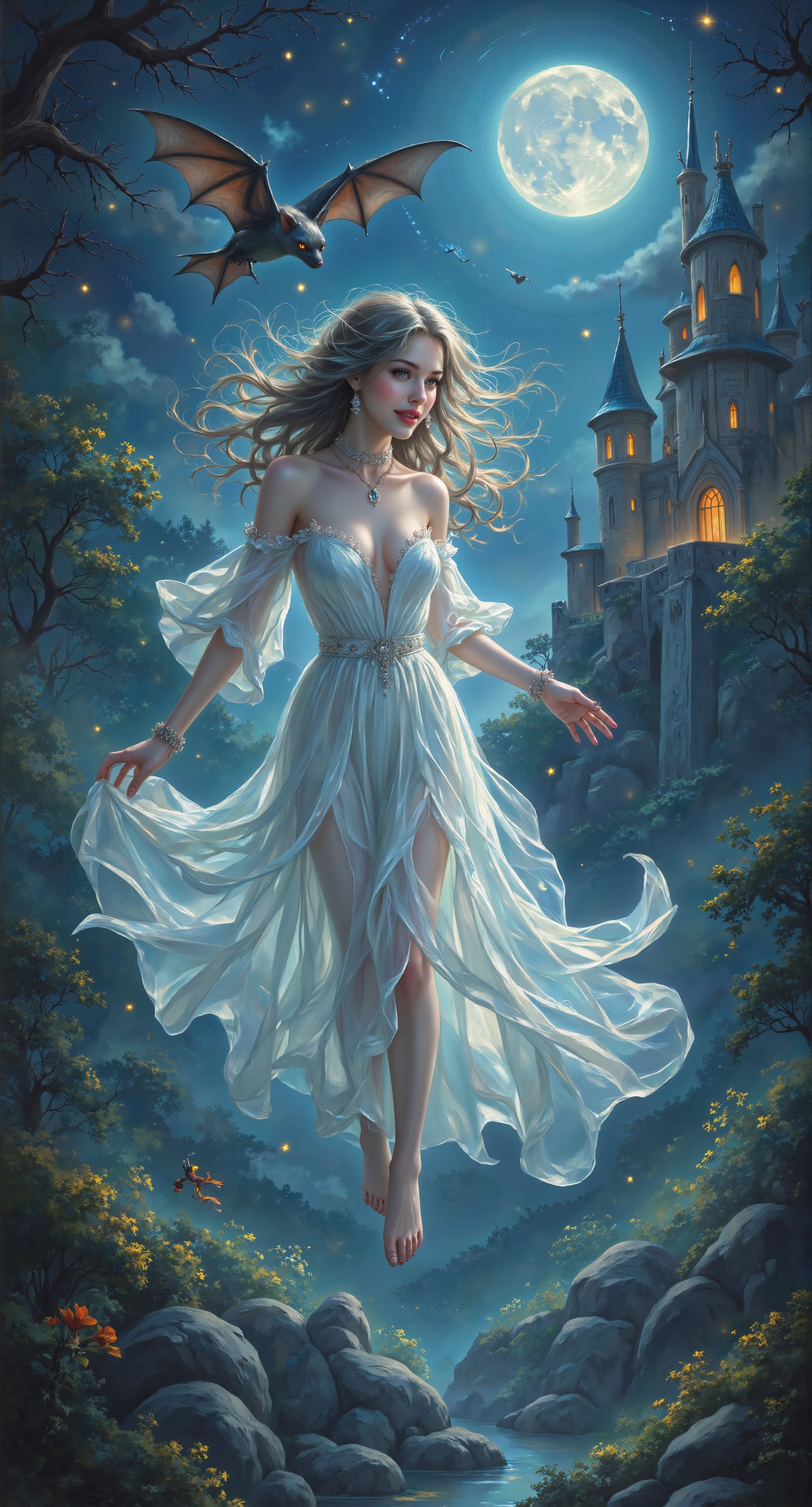 Stunning painting illustration by ZloyOrk. Ghostly Glamour: A lovely female ghost draped in elegant, flowing white fabric, floating amidst a starry night sky. She playfully interacts with a friendly bat and has a mischievous smile. The detailed background includes a haunted moonlit castle and twinkling stars.