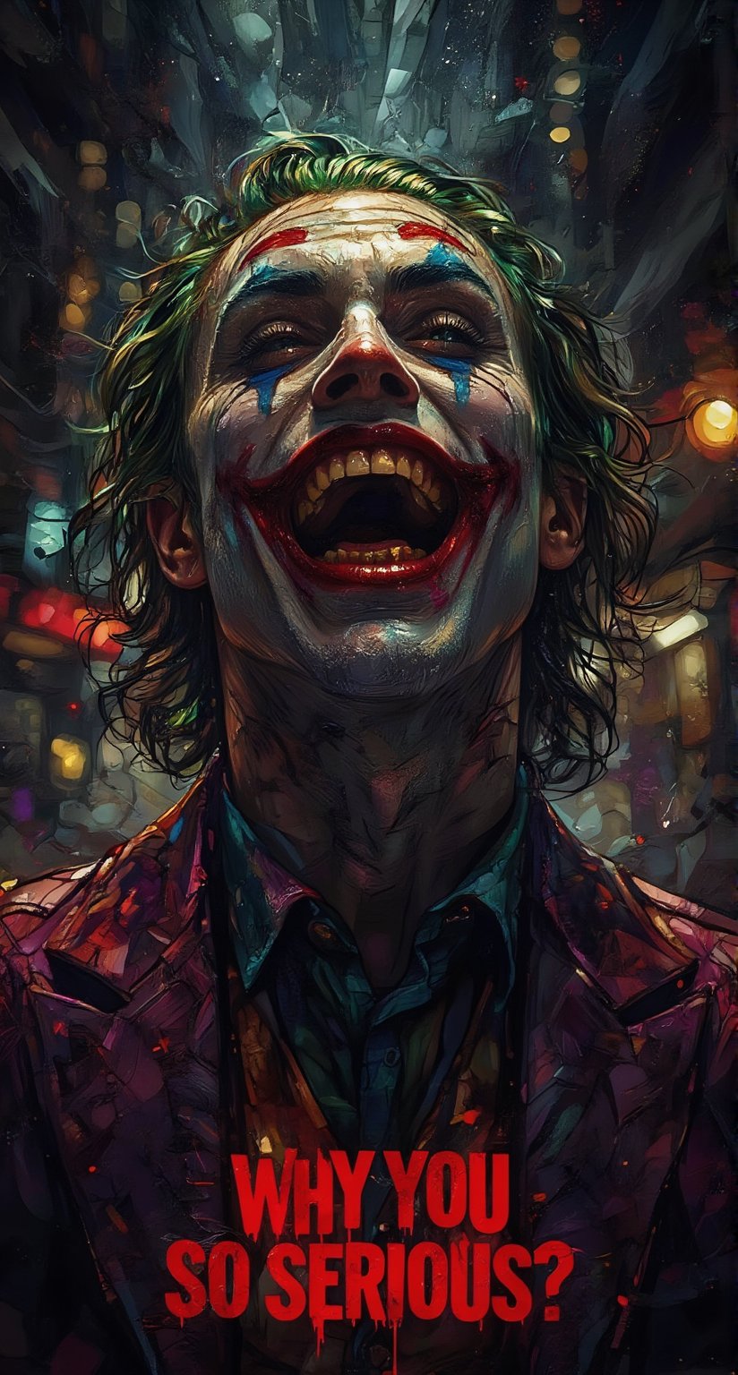 A haunting full-body shot of the Joker's twisted grin, seething with maniacal intensity against a dark and gritty urban backdrop. The camera captures every detail of his pale face, warped into a grotesque grimace, with yellow and crooked teeth. By ZloyOrk style. Abstract Lighting. His sharp, angular features seem to defy the dim lighting, which highlights his otherworldly presence amidst the crimson glow of Gotham City's night sky. The Red letters text, Why you so serious? adds an air of mocking sarcasm to this eerie scene, as if the Joker is daring the viewer to take a peek into his twisted world.