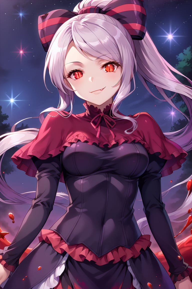 1 girl shalltear bloodfallen, shiny shalltear costume, extremely detailed cg, anime picture, shiny hair and skin, masterpiece, best quality, ultra-detailed, solo, medium breasts, pale skin, long hair, (ponytail), large hair bow, red eyes, slit pupils, glowing eyes, standing, cowboy shot, arms at sides, looking at viewer, smile, fang, evil, hostile, royal, majestic, elegant, graceful, particle effect, blood, flowing blood, outdoors,  night, nebula, stars, galaxy, chichibukuro, more detail XL, Shalltear Bloodfallen