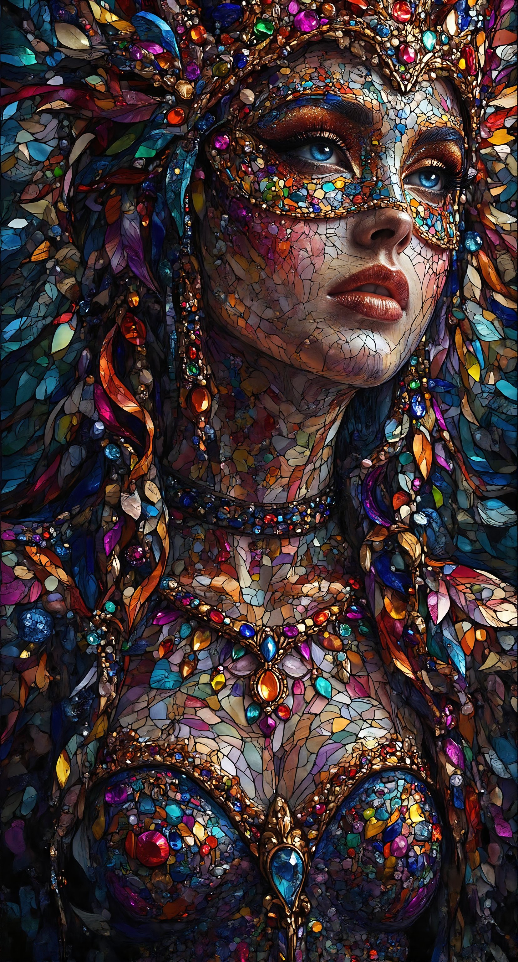 A stunning stained glass artwork featuring a mystifying gothic beauty dons a masquerade mask,  her delicate features shrou...