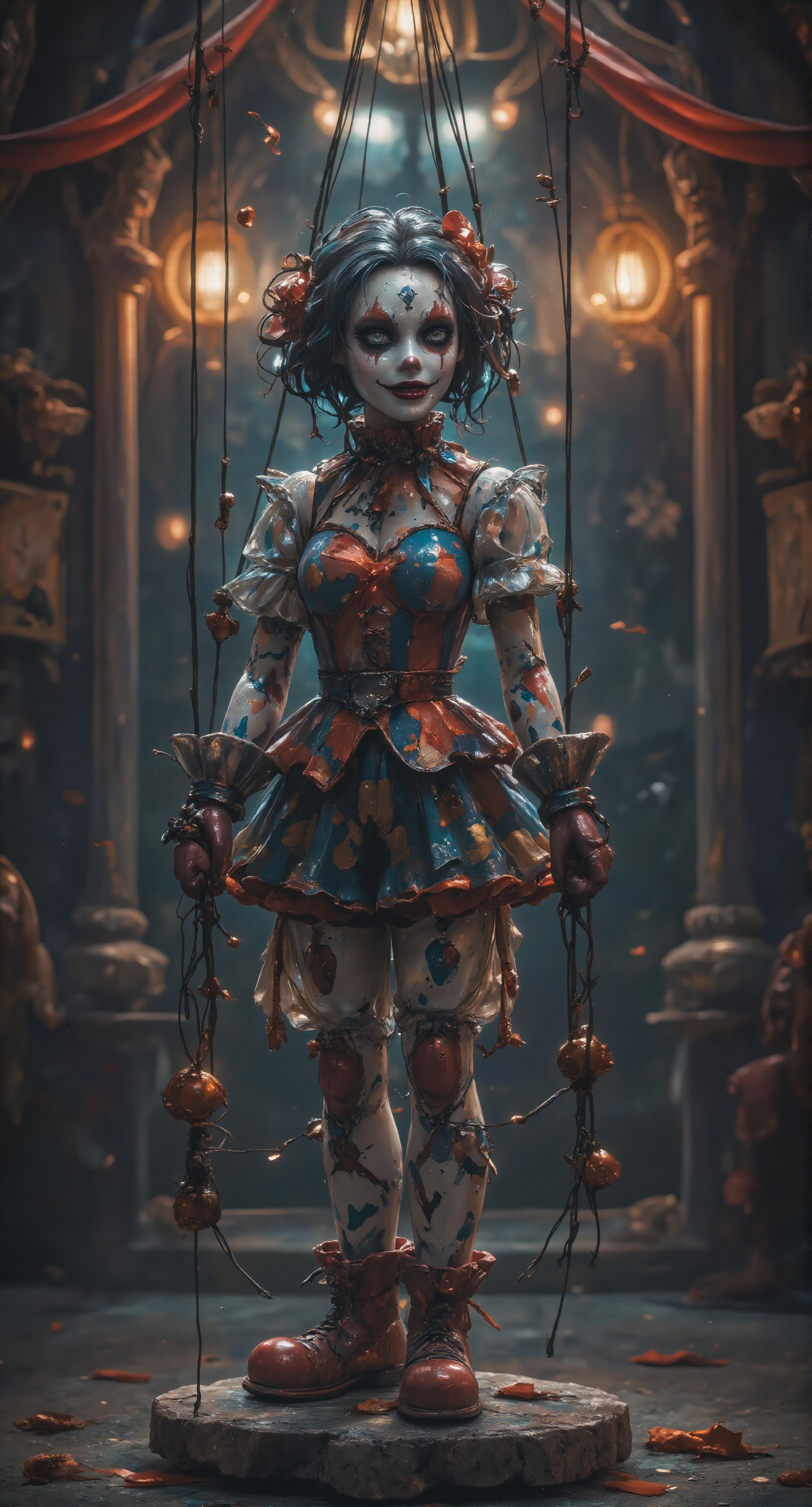 Stunning image by ZloyOrk style, Full body blind box figure. Halloween theme. A haunting scene unfolds within the dimly lit, eerie circus tent: Cursed Puppeteer stands tall, her marionette strings eerily entwined around limbs like dark, ethereal vines. Her macabre makeup-adorned face sports a wicked grin, while Harlequin patterns dance across her attire, as if a twisted carnival had claimed her as its own. Flickering lights and faded posters cast an unsettling glow, amplifying the sense of foreboding within this abandoned big top, where the very fabric of reality seems to be unraveling like tattered tent flaps in the wind.