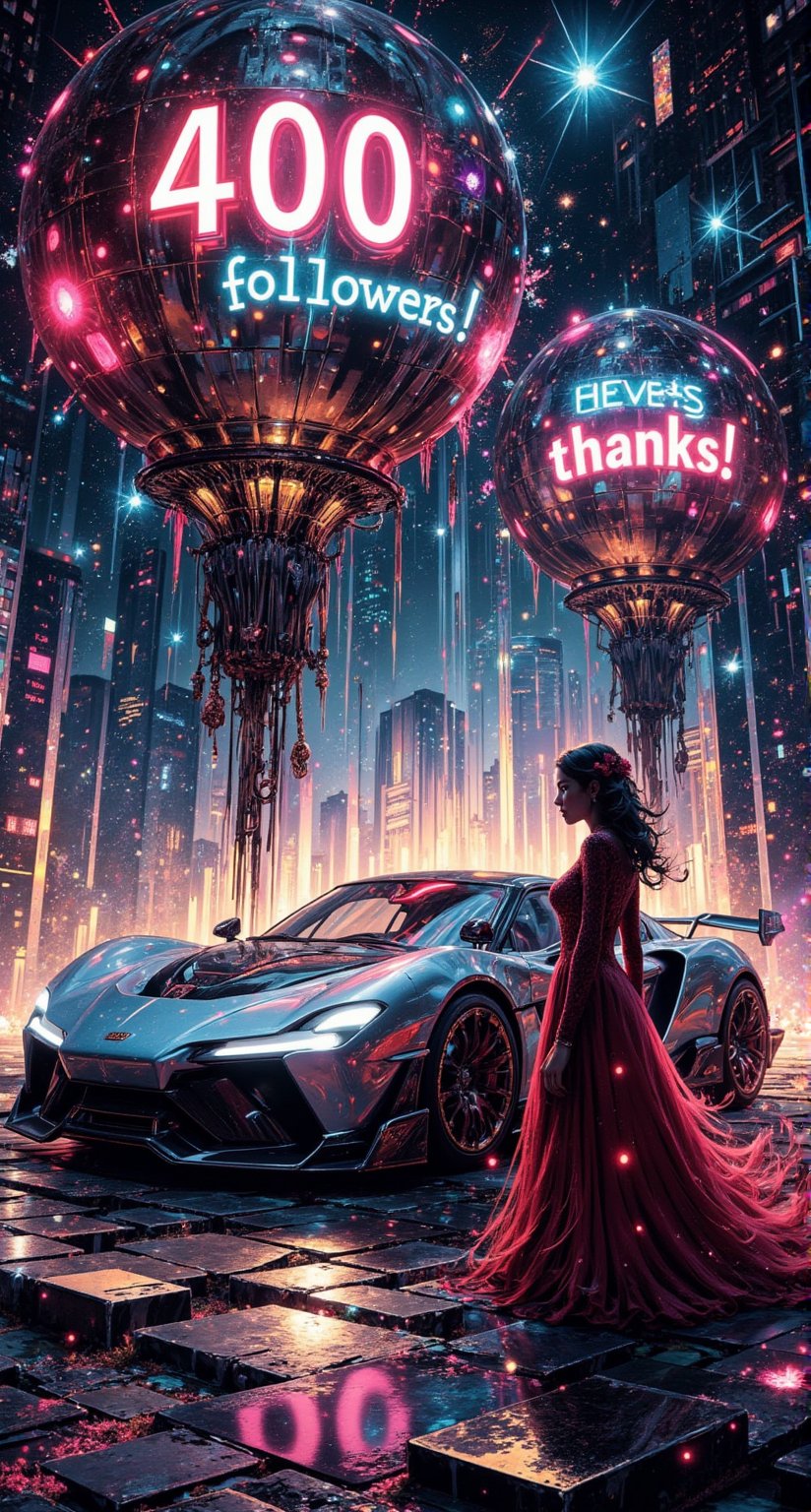 A mystical convergence: In a steampunk metropolis, a captivating woman stands before a futuristic supercar, her flowing hair and vibrant effects mesmerizing. Front view of the sleek vehicle, while stunning gigantic balloon with neon label "400 followers! Thanks" in the background, amidst shattered glass strips refracting kaleidoscopic colors. Her gaze is fixed on the car's gleaming surface. Dripping paint strokes evoke a sense of Renaissance-inspired fusion, heavy on texture.