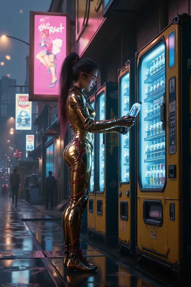 A cyberpunk scene unfolds under the soft glow of streetlamps, where a cyborg female stands tall, her neon glasses aglow like embers. Rain-soaked pavement glistens like polished marble as she confidently approaches the vending machine, her gold bodysuit with wine red accents highlighting toned muscles. As dusk's misty veil settles, she bends down to retrieve a bottle of water, her masked face illuminated by the vending machine's LED lights. The LED lights cast an otherworldly ambiance on the darkening city street as she stands up, bottle in hand, amidst the neon-lit urban landscape.