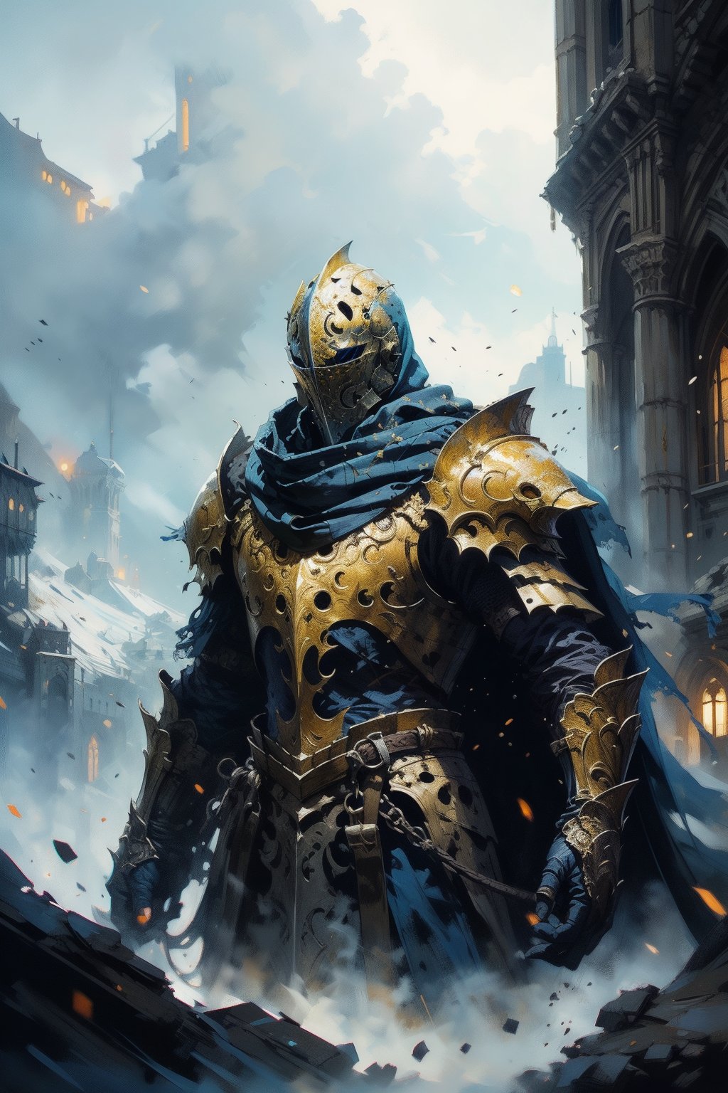 best quality, knight in full armor, helmet, blue scarf, medieval, upper body, bichu, bearly, simplebackground, detailed matte painting, with expressive brush storkes, speedpaint,