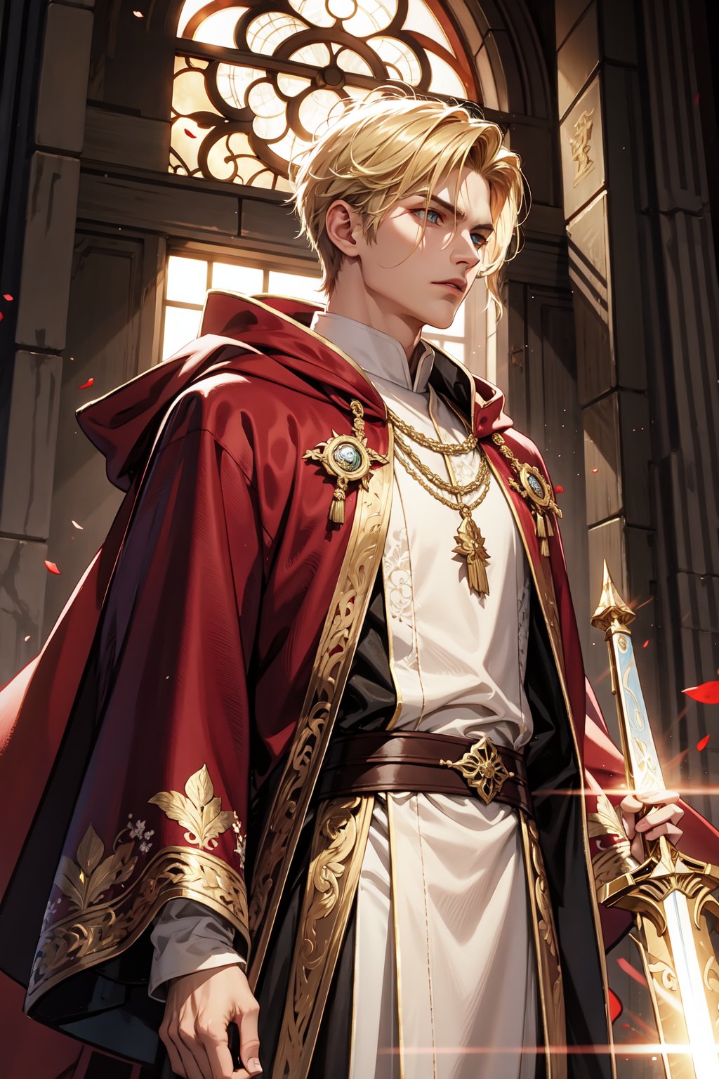 A majestic shot of a handsome Cleric of Light,  short,  blonde hair. His piercing amber eyes gleam with an otherworldly in...
