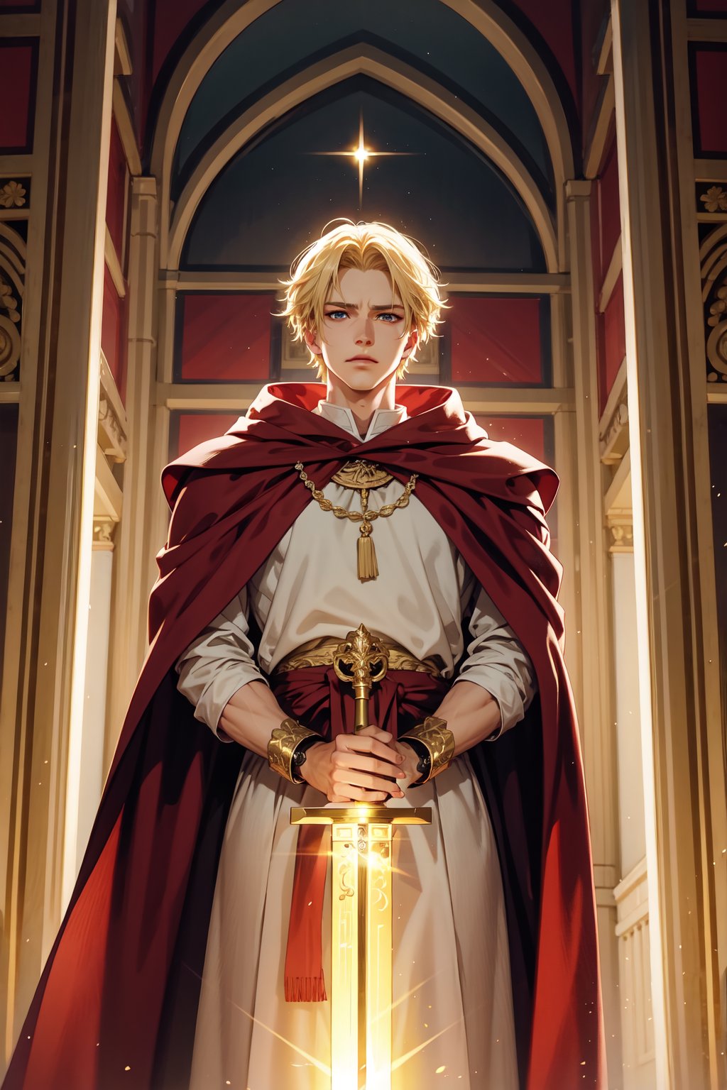 A majestic shot of a handsome Cleric of Light,  short,  blonde hair. His piercing amber eyes gleam with an otherworldly in...