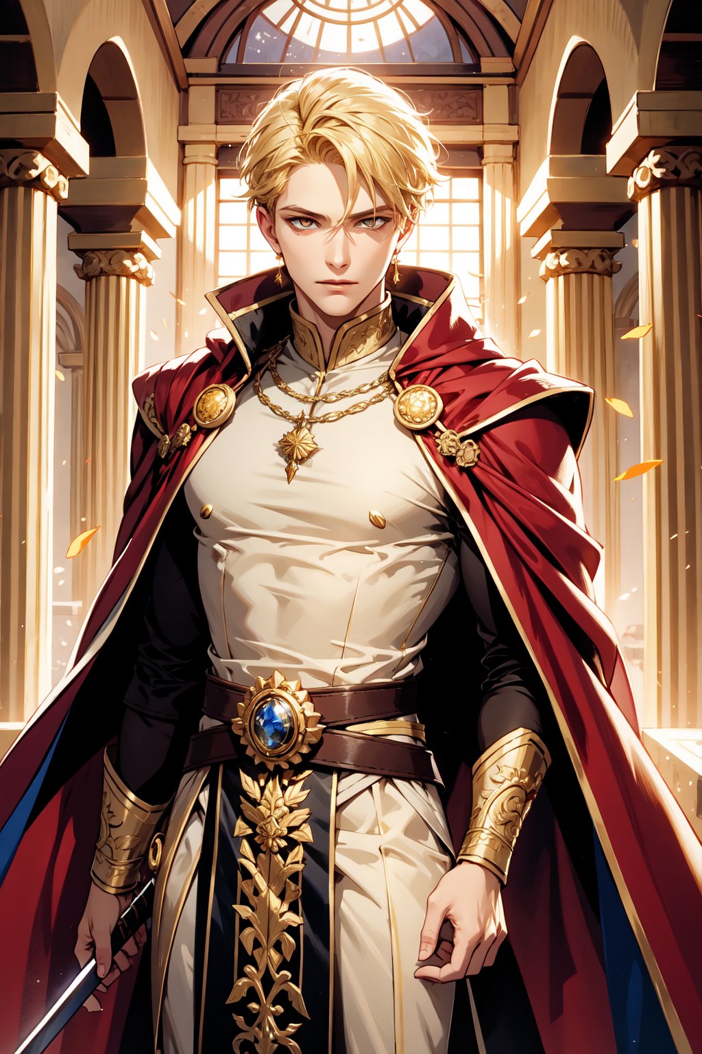 A majestic portrait of a dashing Cleric of Light stands tall,  short blonde hair framing his chiseled features. His pierci...