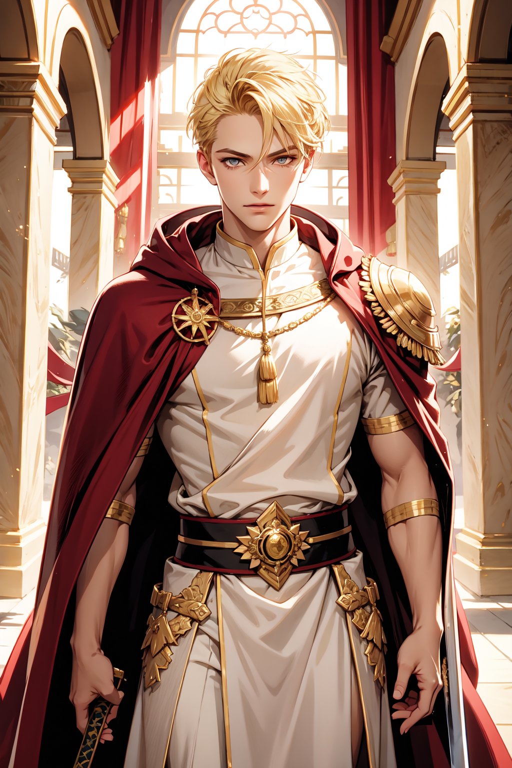 A majestic shot of a handsome Cleric of Light,  short,  blonde hair. His piercing amber eyes gleam with an otherworldly in...