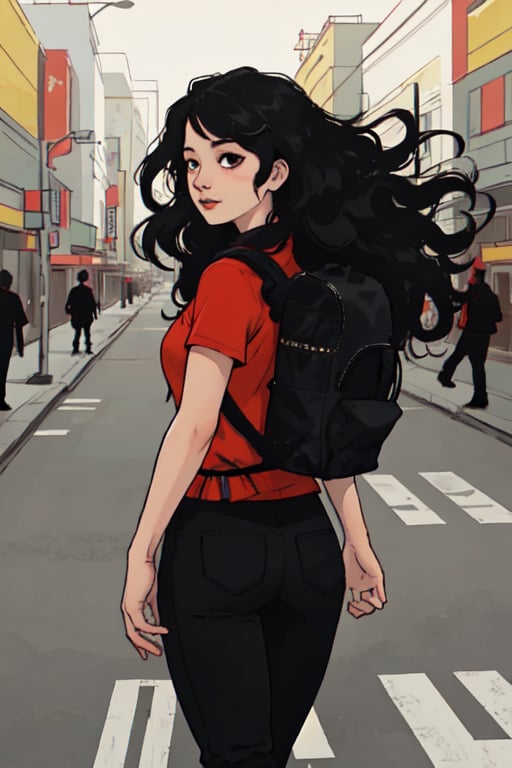 A Japanese girl with black medium-length wavy hair, dressed in a casual red t shirt and black pants, with black backpack, with a relaxed expression, her name is Junko. Walking down the street,  facing away