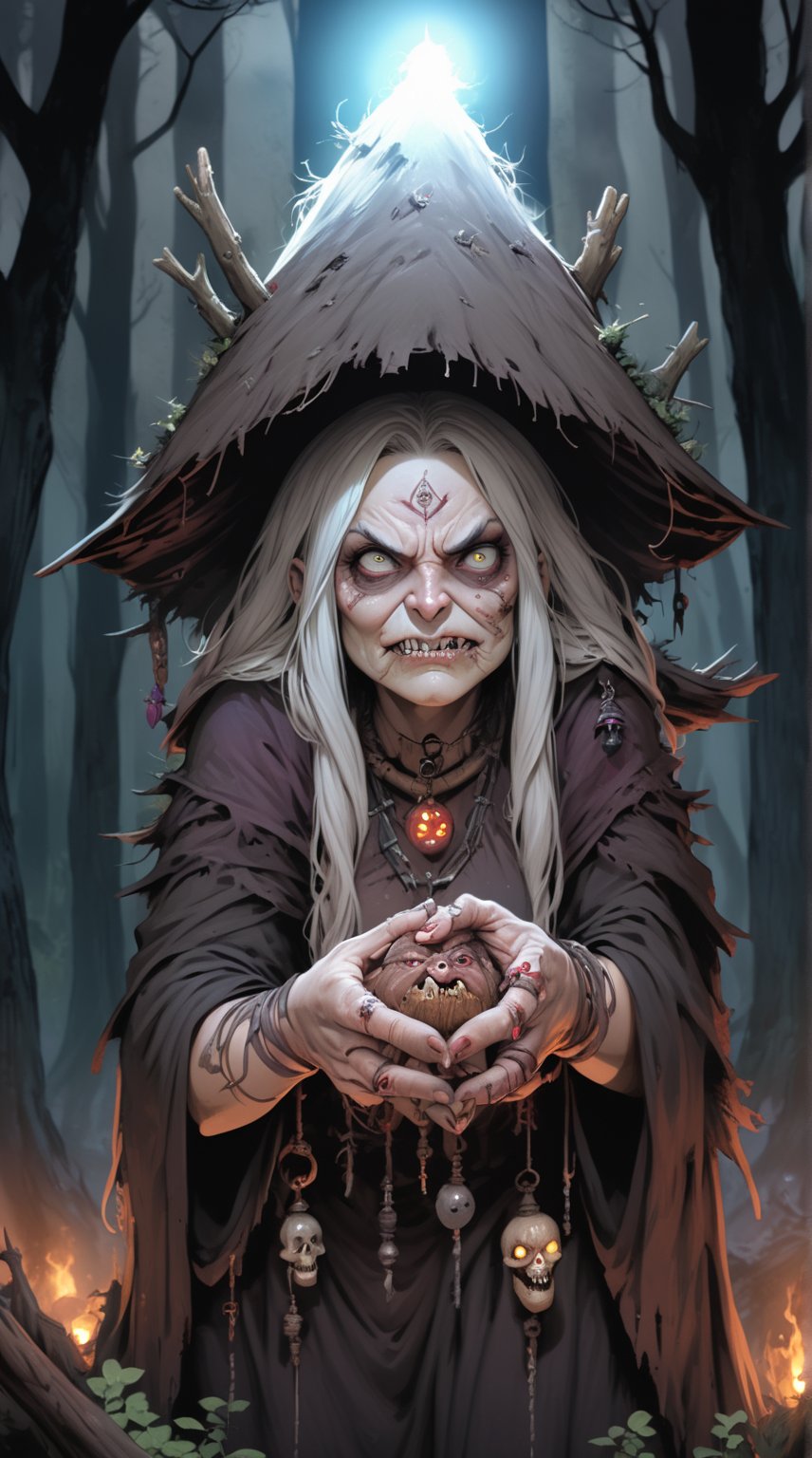 The Baba Yaga - a fearsome witch with a hag-like appearance, long, bony fingers, and iron teeth. Place her in a dark, dense forest, with her hut standing on chicken legs, surrounded by eerie, glowing lights