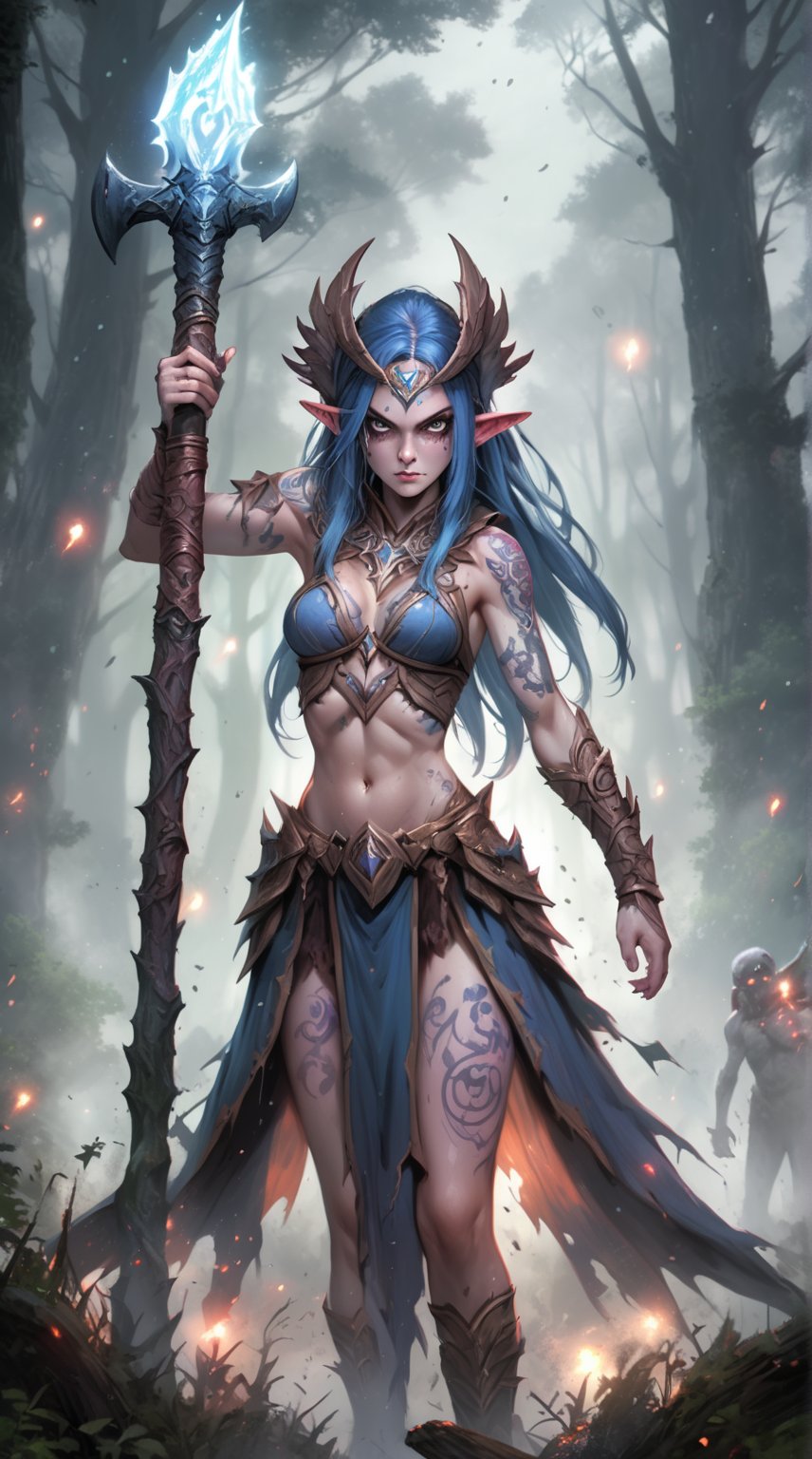 In a misty, moonlit clearing within the ancient enchanted forest, a fierce warrior-elf maiden stands tall, her tattooed skin glistening with dew. Her furious eyes blaze like stars as she wields a battle-axe, ready to face the hordes of shambling zombies that threaten her realm.