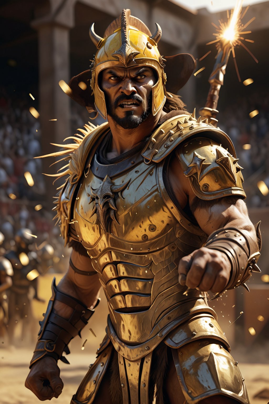 A portrait of a gladiator in sulfur-yellow armor, adorned with spikes. His helmet has an animalistic design, and he wields claw-like weapons. His aggressive stance is amplified by the arena's golden light. Dust and sparks swirl around, adding to the raw, untamed energy of the scene.