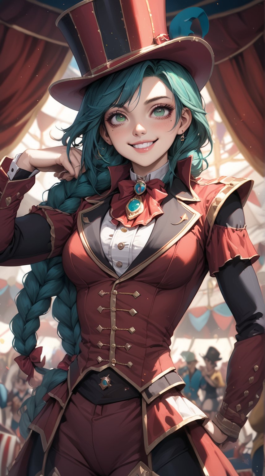 masterpiece, top quality, aesthetic, warrior, circus, ringmaster costume, western style,, torso shot, a few freckles on the nose, long single braided hair, teal green hair, one girl, most beautiful girl, stunningly beautiful girl, gorgeous girl, 20 years old, big amber eyes, smiling