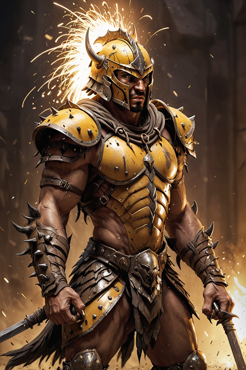 A portrait of a gladiator in sulfur-yellow armor, adorned with spikes. His helmet has an animalistic design, and he wields claw-like weapons. His aggressive stance is amplified by the arena's golden light. Dust and sparks swirl around, adding to the raw, untamed energy of the scene.