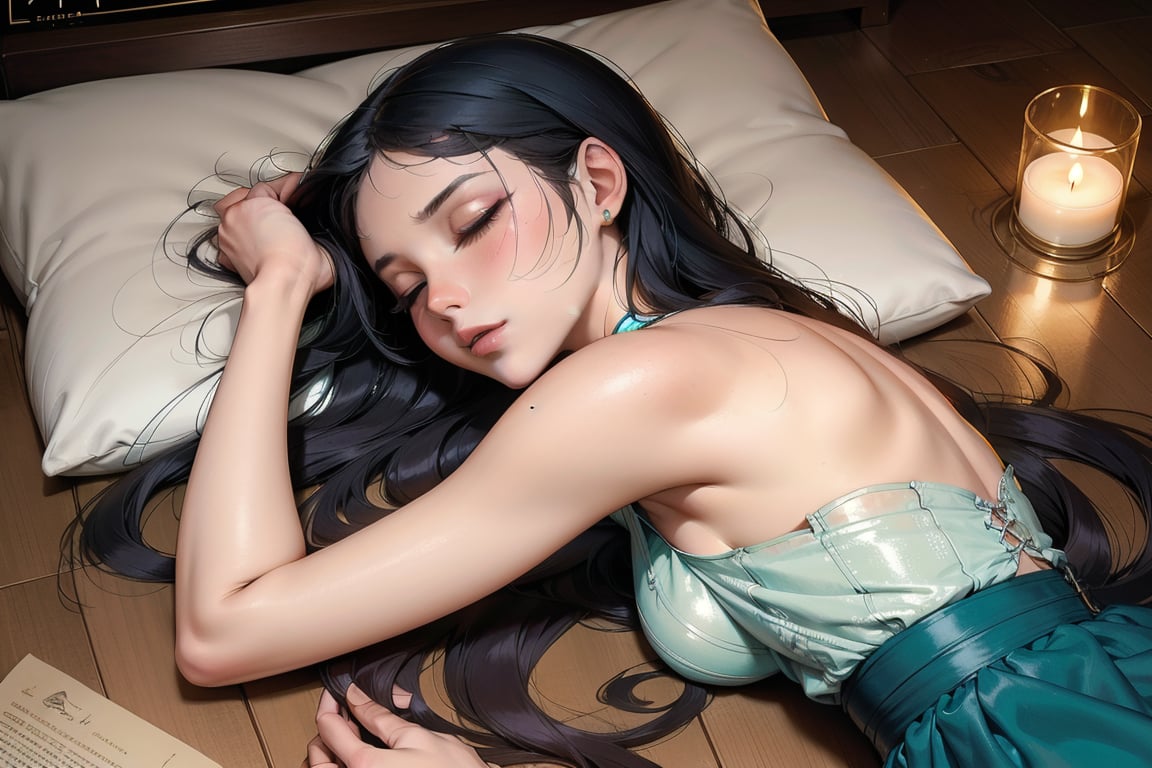 Woman(slim body, young, emerald eyes, eyelashes, long dark hair flowing over her shoulders, arabian pants Russian, feminine, beautiful), suddenly faints, eyes closed. lying on the floor. head toward the ground. Her serene face now shows signs of distress as she collapses to the floor, her body limp and unconscious.The room is filled with mystical symbols and artifacts, adding an air of otherworldly intrigue to the scene.

The background includes soft ambient lighting from candles and a dimly glowing lamp, casting gentle shadows that enhance the mysterious atmosphere. The floor is covered with a patterned rug, and various mystical objects, such as crystals and ancient scrolls, are scattered around. The shot is taken from a large distance from the top, capturing Farisha's fainted form

The image should be high-resolution, with low saturation, highly detailed, and soft shading, emphasizing the dramatic and mystical nature of the scene.