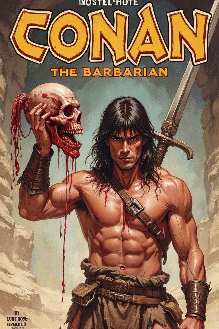 A detailed masterpiece magazine cover by Luis Royo and Milo Manara, front view, Conan the barbarian holding up a disembodied head of defeated enemy bleeding from the neck, mouth and eyes in his left hand, in his right hand he holds his broad sword dripping blood behind his shoulders, text in Crom font that reads 'Conan the Barbarian'
