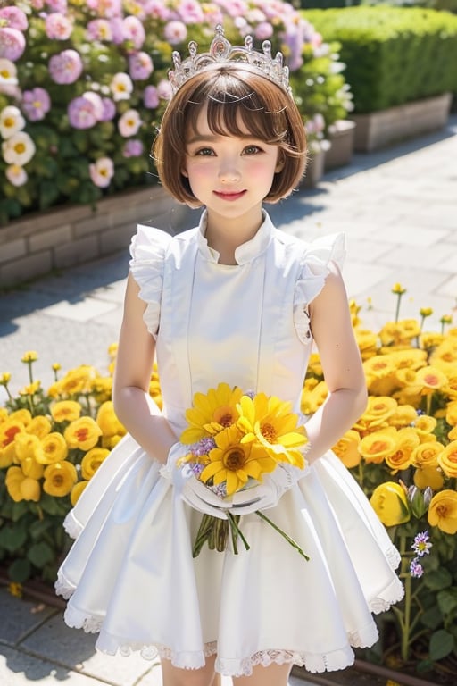 Masterpiece, Simple Background, (((Flowers in Background: 1.7))), 1girl, antenna_hair, , bangs, brown_hair, crown, dress, eyebrows_visible_through_hair, gloves, green_eyes,  short_hair, sleeveless, smile, standing, white_dress, white_gloves
,perfect light,Beauty,kinomoto sakura