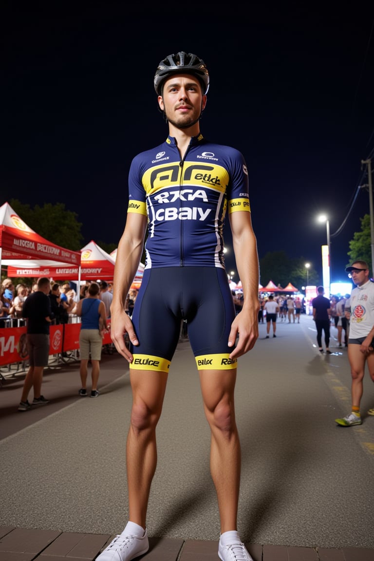 Sven KRAUSS, homme viril en tenue de cycliste professionnelle d'une équipe professionnelle très moulante dos à la camera , il se touche les fesses sur le podium du tour du Dauphiné 2024, pose provoquante, il fait presque nuit, 