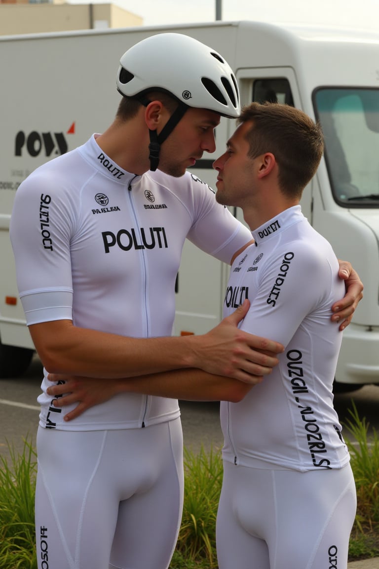 Que des hommes,deux hommes en tenue de cycliste blanche d'une équipe professionnelle POLUTI veulent faire l'amour à un homme poilu entièrement nu dos à la camera dans parking,hyperréaliste, 
