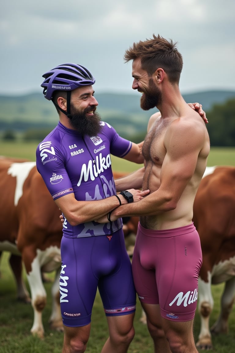 un homme poilu et moustachu en tenue de cycliste de l'équipe de Milka touche les fesses d'un homme poilu nu dans une ferme,hyperréaliste, 