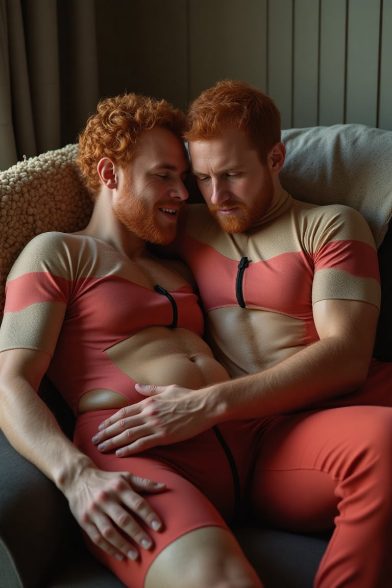 Two different hairy ginger men wearing in clear team  cyclist suit ,lying on sofa with hands touching bulge, bulge in pants, hot poses,hyperrealist face, full body photo, gay hug